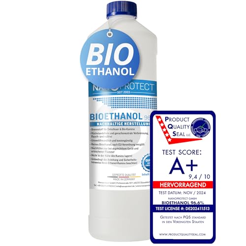 Nanoprotect Bioethanol 96,6% | 1 Liter | Flüssiger Ethanol Brennstoff für Indoor Kamin und Tischfeuer | Reiner Ethylalkohol als Lösungsmittel | Geprüfte Premium Qualität