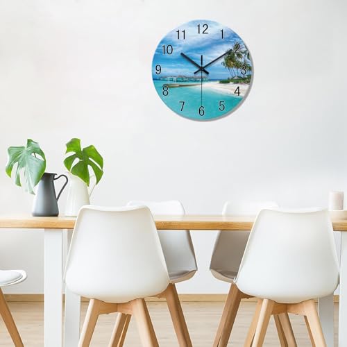Image of XFM Blue Beach Wall Clock 12 Inch Coastal Nautical Round Glass | Silent Non-Ticking Battery Operated Modern Decorative for Living Room Kitchen Bedroom Office