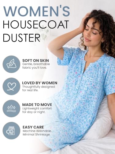 Image of Casual Nights Women's Snap - Front House Dress Short Sleeve Woven Housecoat Duster Lounger Robe with Pockets