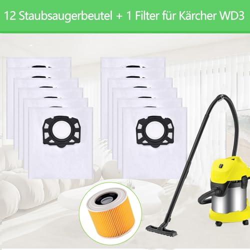 Awinker 12 bolsas para aspiradora + 1 filtro para aspiradoras Kärcher KFI 357, WD 2 Plus, WD 3, KWD 1-3, SE 4001, SE 4002 Piezas de repuesto 2.863-314.0