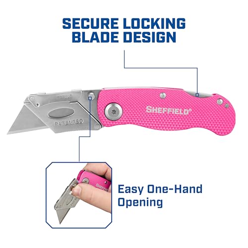 Image of Sheffield Lock Back Utility Knife 3 Pack with 10 Utility Knife Blades | Box Cutter with Aluminum Texture Grip Handle, Features Pocket Clip, Patented Quick Change Utility Blade Mechanism