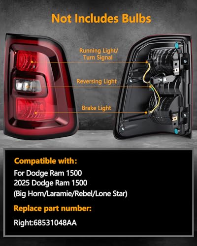 Image of OKLPF Rear Brake Tail Lights Assembly Compatible With 2025 Dodge Ram 1500 Replace 68531047AA 68531048AA,Included Bulbs and Harness,Replacement Red Taillights Assembly,Right Passenger Side