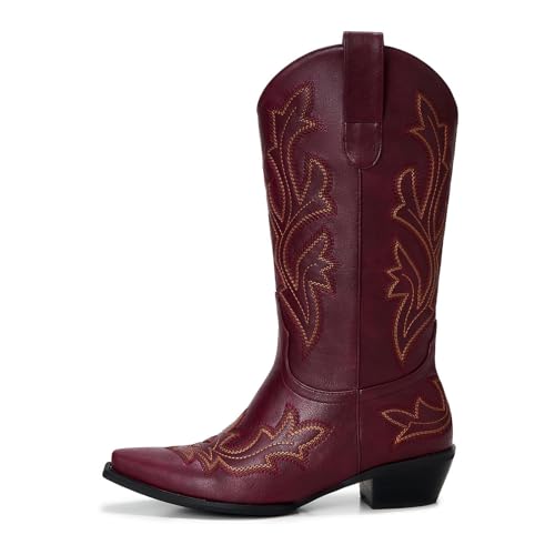 Image of Cowboy Boots for Women - Embroidered Western Cowgirl Boots with Fashion Snip Toe, 1.75-Inch Low Block Heel and All-Day Comfort Fit