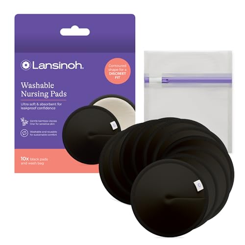 Image of Lansinoh Washable Nursing Pads, Black, Made with Organic Bamboo Viscose, Reusable Breast Pads for Breastfeeding, Includes Wash Bag, 10 Count