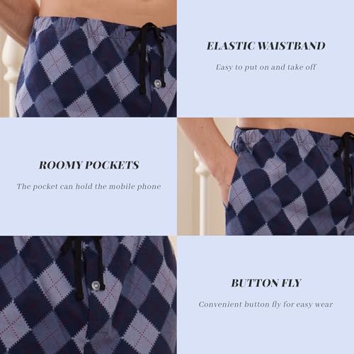 Vulcanodon Mens 100% Cotton Pajama Pants Fleece Plaid Bottoms with Pockets and Button Fly3