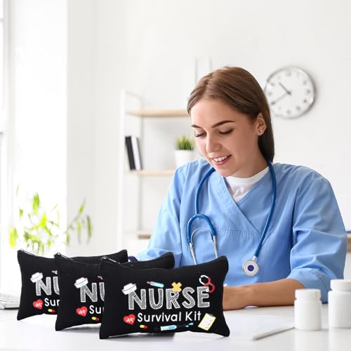 Kajaia 30 Pieces Nurse Survival Kit Makeup Bags for Nurse Appreciation Gifts CNA Week Accessories for Work Canvas Funny Cosmetic Bag Nursing Week Gifts Bulk(Black)