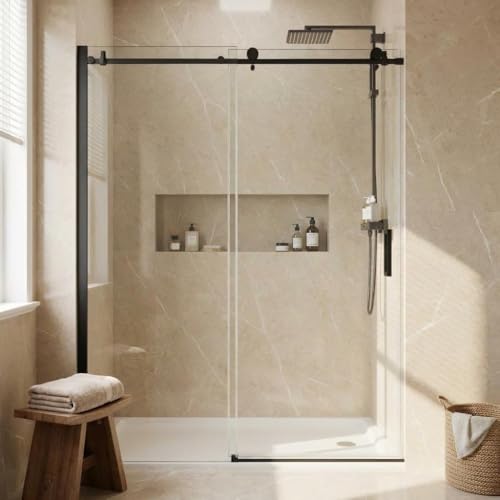 Image of 44-48 inch W x 76 inch H Frameless Single Sliding Shower Door, 5 /16 inch (8mm) Tempered Glass with Fixed Panel, Stainless Steel Round Rail, Matte Black Bypass Bathroom Door