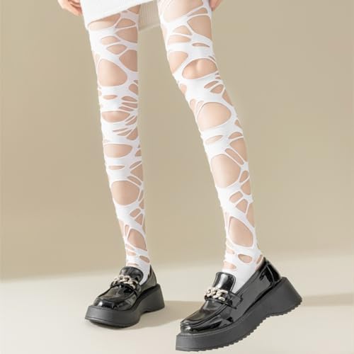 Image of Ripped Fishnet Stockings Tights Gothic Irregular Hole Hollow Out Mesh Lace Pantyhose Women Cosplay Party Accessories