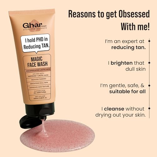 Image of Ghar Soaps De-Tan Face Wash | For Tan Reducing, Brightening & Glowing Skin | With Sandalwood, Saffron, Coconut Oil & Goat milk | For All Skin Types | 100ml (Pack of 1)