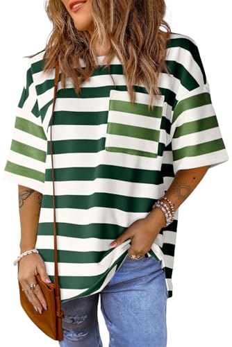 Tankaneo Women Oversized Striped T-shirts Summer Color Block Teacher Shirts