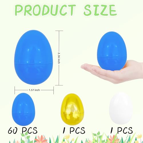 GCQJOQ Easter Eggs Plastic Fillable Easter Eggs Bulk for Easter Theme Party Favor, 60 Blue Eggs, 1 Gold Egg, 1 White Egg by GCQJOQ - Used condition - Image 2