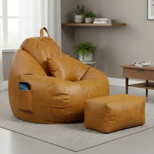 Image of KAM'S LIEU 4XL Suede Bean Bag Chair with Footrest & Cushion | Filled with High Density Polystyrene Beans | Premium Soft Fabric | Teardrop Design with Handle | Ready to Use Color- (Yellow, Bean Bag)