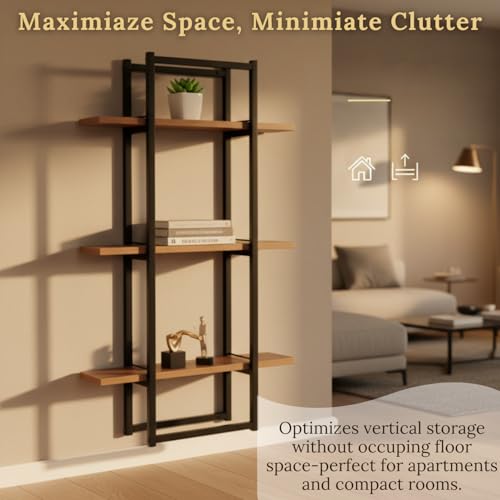 Image of Mighty Home Floating Wall Shelf with Black Metal Frame, Wooden Wall-Mounted Shelves for Books, Plants & Decor, DIY Organizer for Home & Office, Brown, 3-Tier