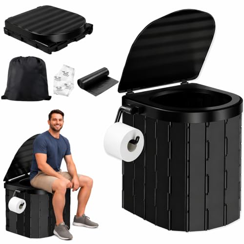 SKY-TOUCH Foldable Camping Toilet Portable Travel Commode for Adults Comes with Paper Holder Garbage Bag and Curing Agent Hiking Road Trips Beach Emergency Use