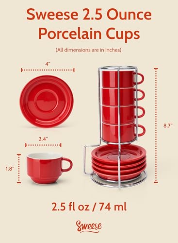 Image of Sweese 2.5 Ounce Porcelain Stackable Espresso Cups with Saucers and Metal Stand Set of 4, Red