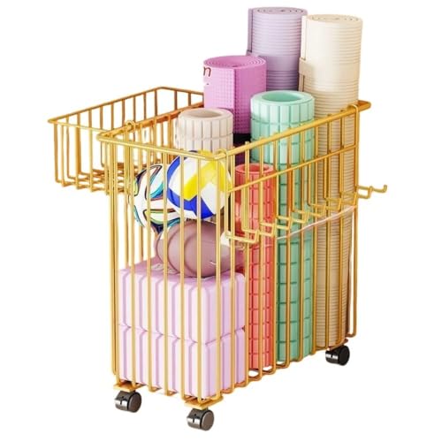 HeartTrend ヨガマット収納ラック キャスター付き ポータブルジムマットフロアスタンド 金属製 多機能ヨガマット収納ラック エクササイズマシンコーナー収納オーガナイザー 自宅/ジム用 (一体型+フックハンギングバスケット,ゴールデン)