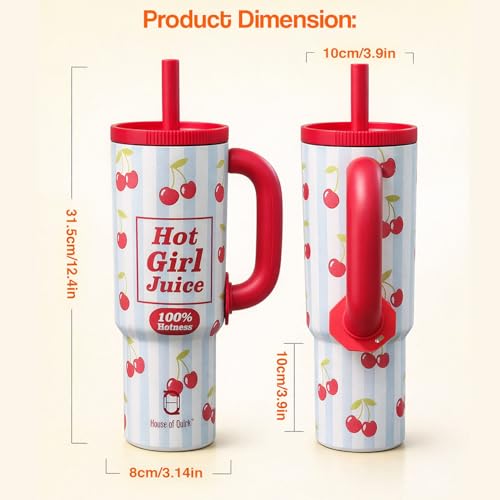 Image of House of Quirk 1200ml Stainless Steel Tumbler with Handle, Straw & Straw Cap | Leakproof Water Bottle | Large Capacity Travel Mug (Cherry Pop)