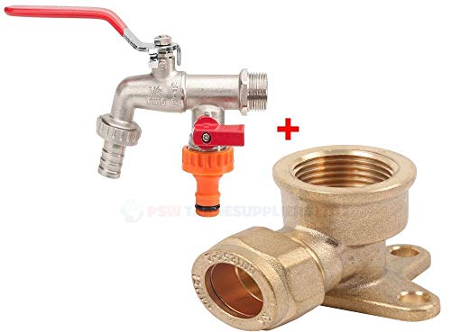 Wärmer System Grifo de jardín de doble salida + codo de placa de compresión para pared, 15 mm, latón, para