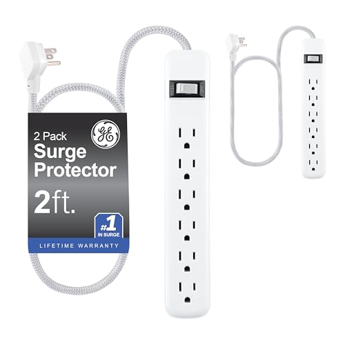 GE Surge Protector Power Strip 2 Pack 2 Ft Braided Extension Cord 6 Outlet Extender 245 Joules Flat Plug Wall Mount On Off Switch ETL Safety Listed White 86075