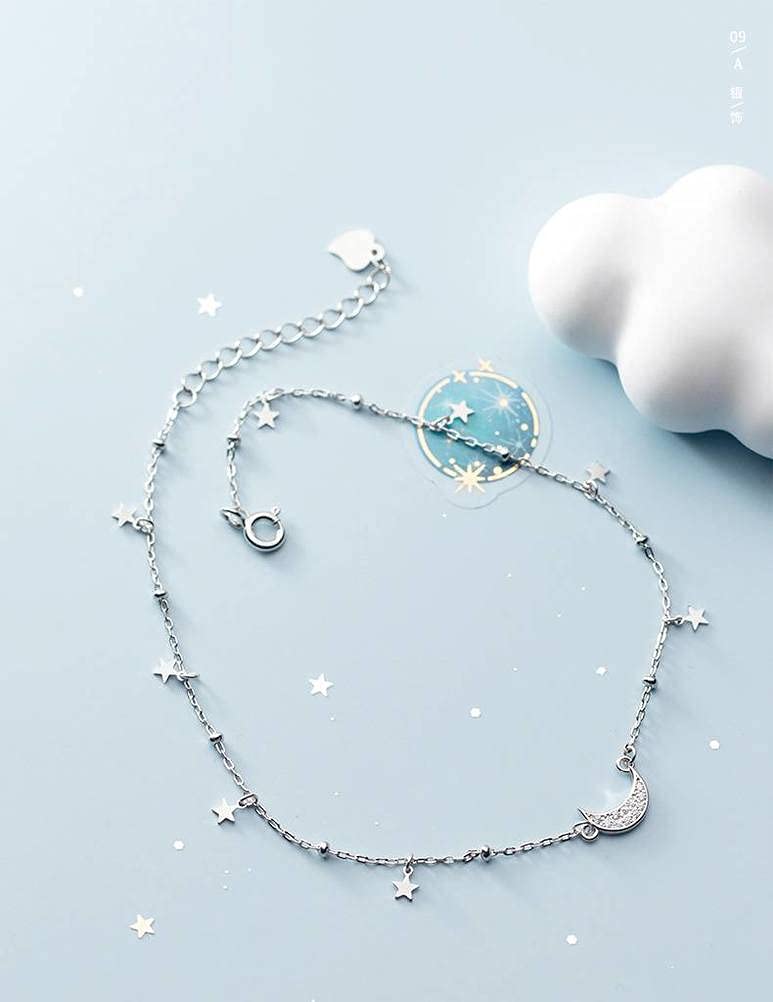 LYGBAOFUL Tobillera S925, Luna de señora, Estrella Brillante de Cinco Puntas, Diamante, Cuentas Ligeras, Adornos de corazón y pie para niña Tobillera s925