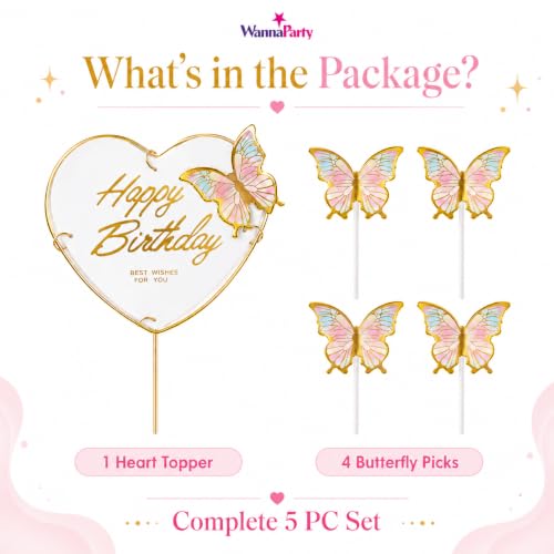 Image of Wanna Party Happy Birthday Cake Topper with Multicolor Butterflies, 5 Pcs Butterfly Cake Decoration Set for Birthday Cake, Cupcake, Dessert Table, Party Decor & Celebration Supplies