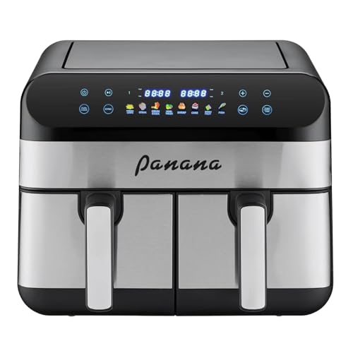 Panana Air Fryer Dual Basket, Double Air Fryer, 2 In 1 Airfryer 9L 2x4.5L Baskets, 2 Drawerse with Handle, 8 Preset Cooking Functions, Timer & Temperature Control, Non-stick