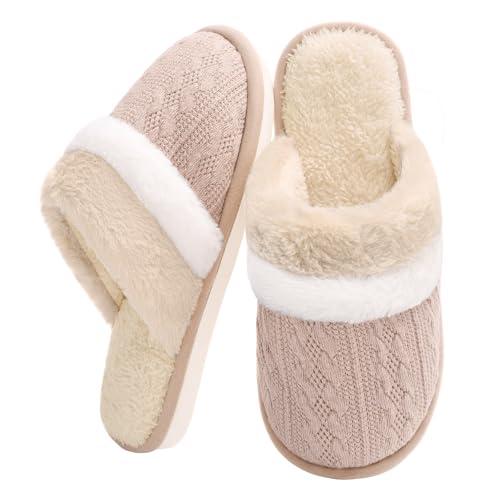 Xnova Pantofola Peluche da Donna in Memory Foam Comode Calde Ciabatte Antiscivolo Slippers per Hotel Casa Spa Autunno Inverno (Kaki, 42-43)
