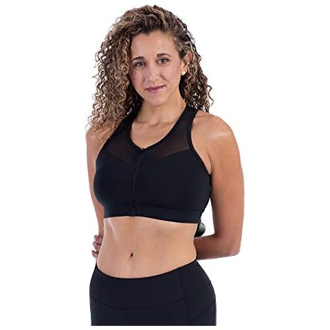 Handful The Closer, Womens Front Closure Sports Bra with Front Zip, Racerback Bra, Booya Black, Medium Cover