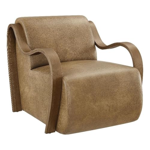 Sillón lounge de cuero vegano tostado con brazos de madera