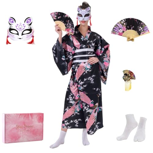 CRFASIBE 5 Piezas Kimono Mujer, Tradicional Japonés Largo Kimono con Estampado de Pavo Real, Albornoz Yukata Vestido Batas para Fotografía Cosplay (Negro)