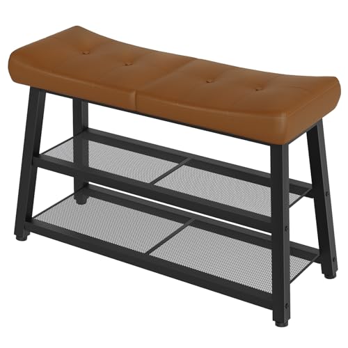 YATINEY Banco Cambiador de Zapatos, Banco de Entrada con Cojín en Cuero PU, Zapatero de 2 Niveles, Taburete para Cama, para Entrada, Pasillo, Dormitorio, Marrón y Negro XHX02BV