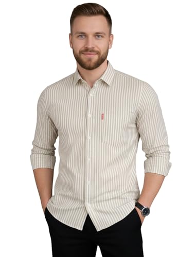 Image of MILDIN Men's Pure Cotton Striped Printed Shirt with Spread Collared Neck Full Sleeve Curved Hemline Button Closure and Regular Fit | Shirt for Man