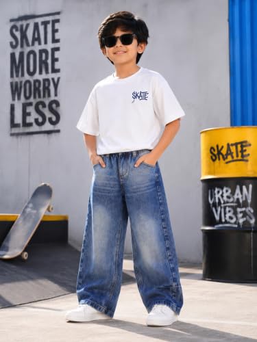 Image of KiddoPanti Boys Baggy Jeans | Stretch Denim Wide Leg Jeans | Elastic Waist Casual Denim Pants | Cotton Blend Loose Fit with 4 Pockets | Kids Street wear | 2-14 Years