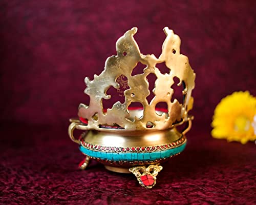 Urli de latón multicolor con figuras de loro centro de mesa tradicional de 8.5'' 6