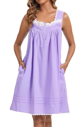 Image of AVIIER 100% Cotton Nightgowns for Women Sleeveless Night Gown with Pockets