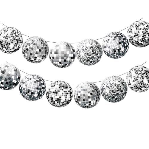 Ovanda Lot de 2 guirlandes décoratives disco argentées - Bannière décorative - Boule disco - Décoration de fête d'anniversaire disco - Bannière argentée - Accessoires de fête à thème disco - Boule