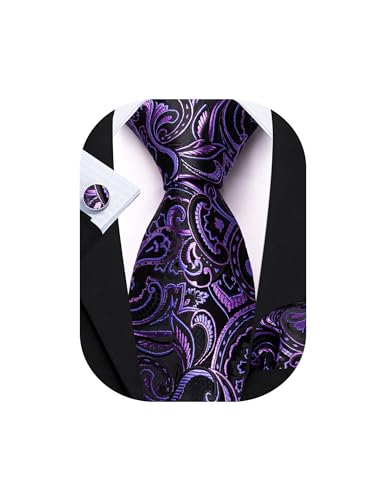 Barry.Wang Purple Black Tie for Men Floral Silk Necktie Pocket Square Cufflinks Formal Business Wedding Party Prom