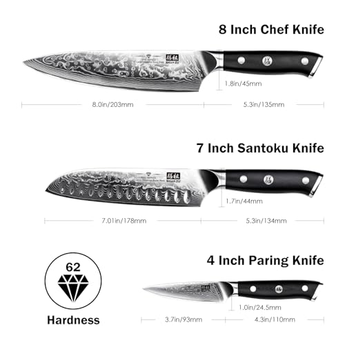 SHAN ZU 3 Pieces Damascus Kitchen Knife Set, 67 Layers Damascus Steel Japanese Kitchen Knife Set, Chef Knife Santoku Knife Peeler Knife - PRO Series