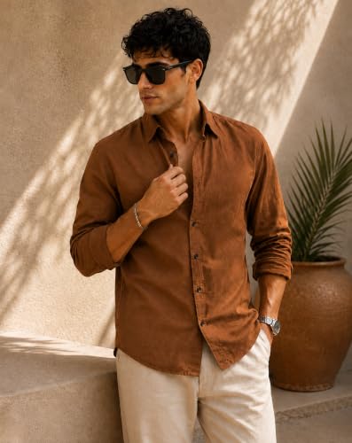 Image of Zilcon Men's Solid Coffee Brown Casual Cotton Blend Shirt