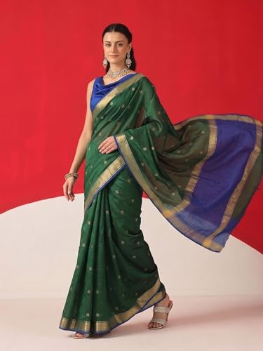 Image of Flosive Women's Kanjivaram Soft Cotton Banarasi Saree With Blouse Piece | Banarasi Sari For Women | Saree with Blosepiece