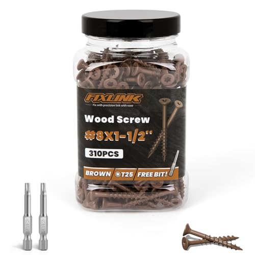 Image of Wood Screws 1-1 /2 Inch, FIXLINK Deck Screws #8 x 1-1 /2 inch, 310 PCS, Epoxy Coated, T25 Star Bit Above 1500 Hour Salt Spray Coating Outdoor Decking Screws Excellent Rust Resistant for Wood Fence, Brown