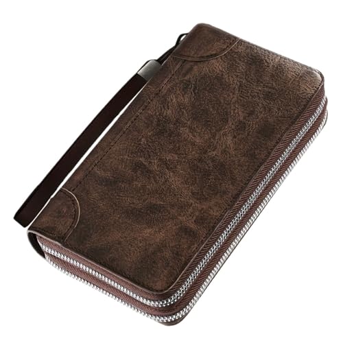 Grand sac à main en cuir marron chic avec fermeture éclair et son porte-cartes assorti