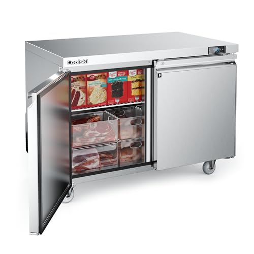 Image of Coolski Commercial Freezer, 48 inchW Double Door Under Counter Freezer with 13.4 Cu.ft., -13℉to -5℉ Stainless Steel Fan Cooling Worktop Freezer for Restaurant, Bar, Kitchen, Food Truck