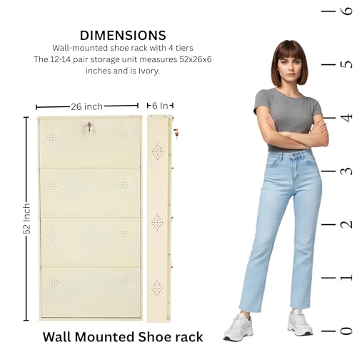 Image of 4 Door Wall Mounted Metal Shoe Rack Cabinet with Lock | Space Saving Shoe Storage Cabinet for Home, Entryway & Balcony | Dustproof Ventilated Shoe Organizer | Ivory | 52 x 26 x 6 Inch