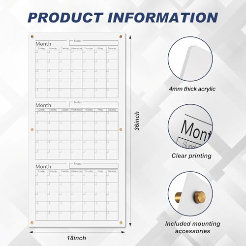 Clear Acrylic Whiteboard Calendar 3 Months Dry Erase Wall Calendar Board 36" x 18" Large Reusable Vertical Planner for Home School Office Bedroom Classroom Organization - Image 4