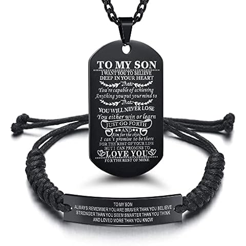 Set of 2 Gift from Mom and Dad You Will Never Lose Customized Dog Tag Necklace with Adjustable Bracelet Braided for Graduation Birthday Valentines Gifts(Stainless steel, Black) Cover