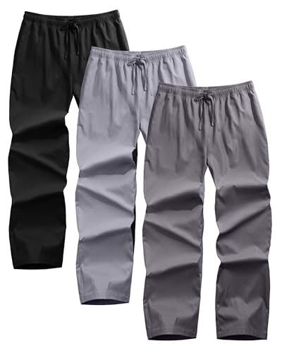 Ficerd 3 Pack Men's Casual Cotton Chino Pants, Summer Lounge Elastic Waist Drawstring Straight Pants Trousers with Pockets(Black, Dark Gray, Light Gray,XXL)2