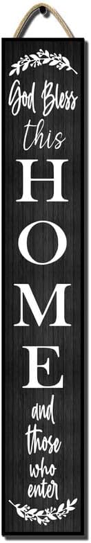 48x8 Inch Rustic Farmhouse Style Vertical Outdoor Welcome Porch Sign - Wood Plank Set, Kind "God Bless This Home and Those Who Enter" Print, Fits Indoor & Outdoor Spaces