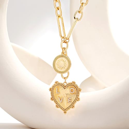 HETICA Chunky Gold Necklace for Women - Heart Gold Necklace Zirconia LOVE Pendant Necklace Round Sun Charm Necklace Fashion Short Necklace Gold Jewelry Necklace for Women3