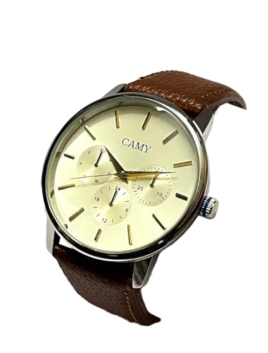 Image of Men's New Analogue Watch with Chronograph Design, Cream Dial, Brown Leather Strap